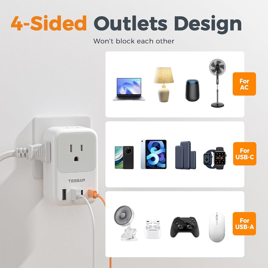 USB C Charger Block, Adapter with Foldable Plug, 1875W Power Outlet Extender(4 AC and 4 USB)