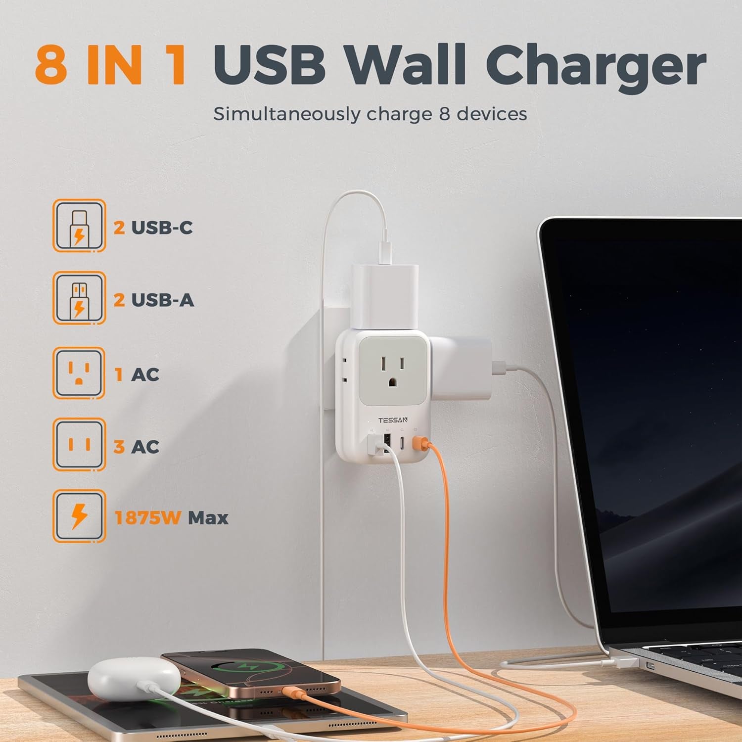 USB C Charger Block, Adapter with Foldable Plug, 1875W Power Outlet Extender(4 AC and 4 USB)