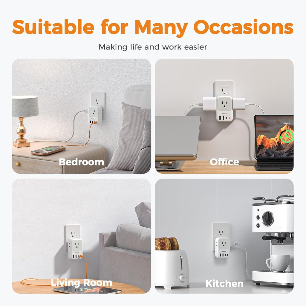 USB C Charger Block, Adapter with Foldable Plug, 1875W Power Outlet Extender(4 AC and 4 USB)